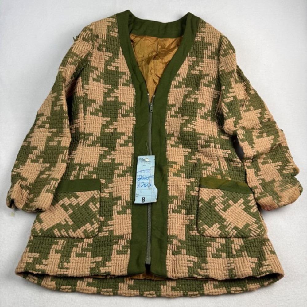 Vintage 60s ILGWU Union Made Jacket Filene's USA Tapestry Green Tan Zip Womens S